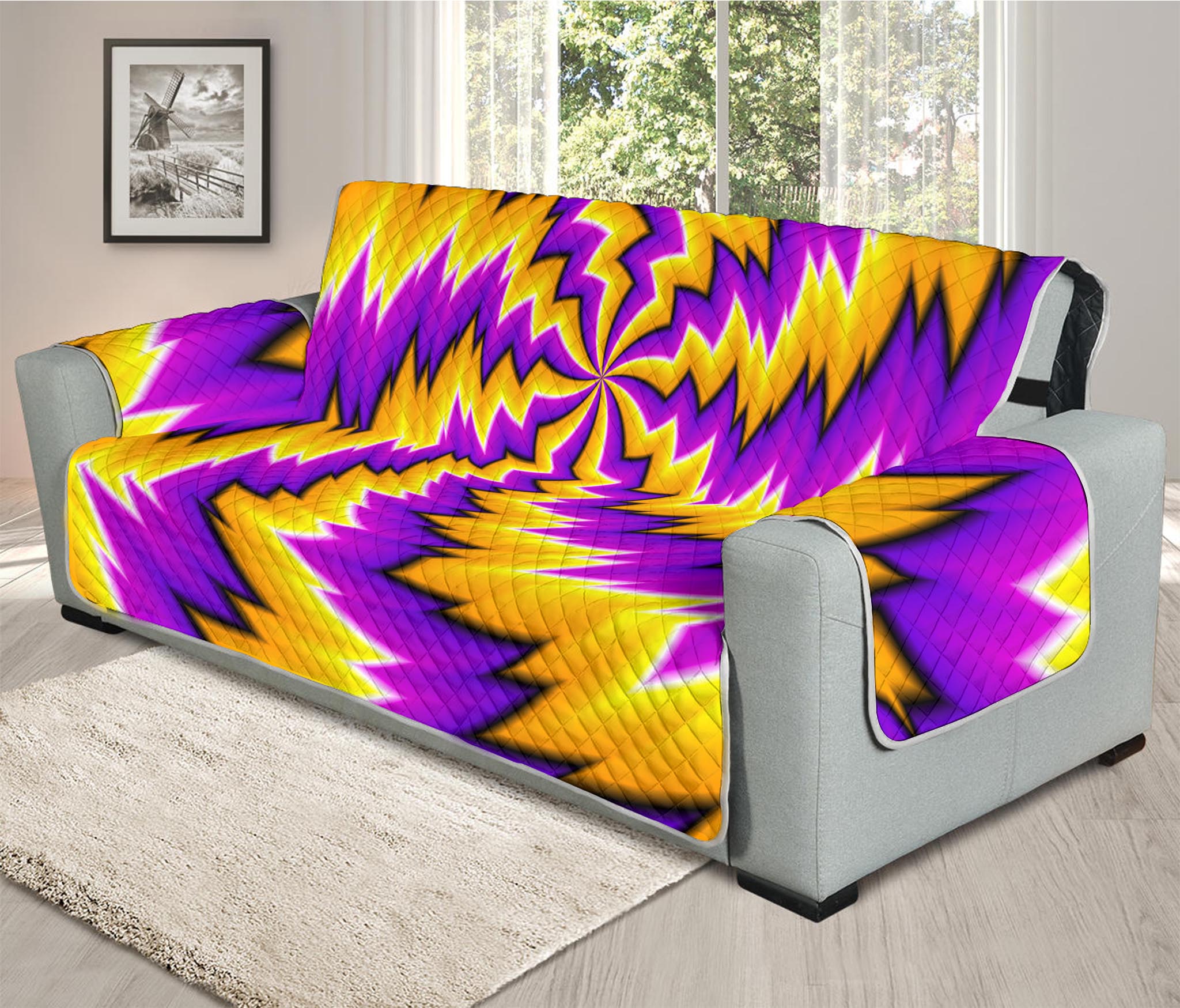 Yellow Vortex Moving Optical Illusion Oversized Sofa Protector