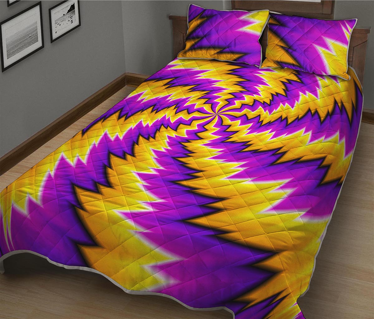 Yellow Vortex Moving Optical Illusion Quilt Bed Set