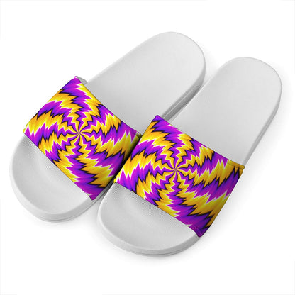 Yellow Vortex Moving Optical Illusion White Slide Sandals