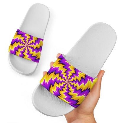 Yellow Vortex Moving Optical Illusion White Slide Sandals