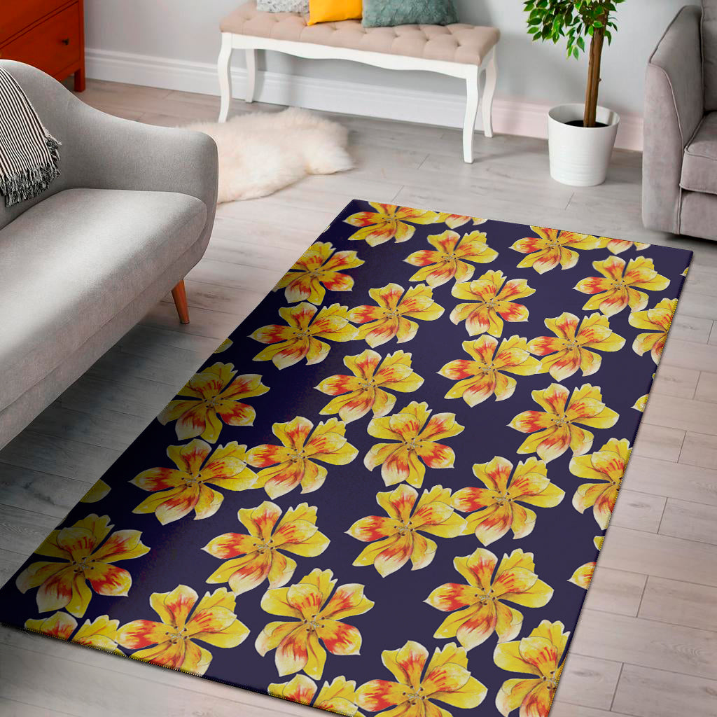 Yellow Watercolor Lily Pattern Print Area Rug