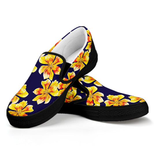 Yellow Watercolor Lily Pattern Print Black Slip On Shoes