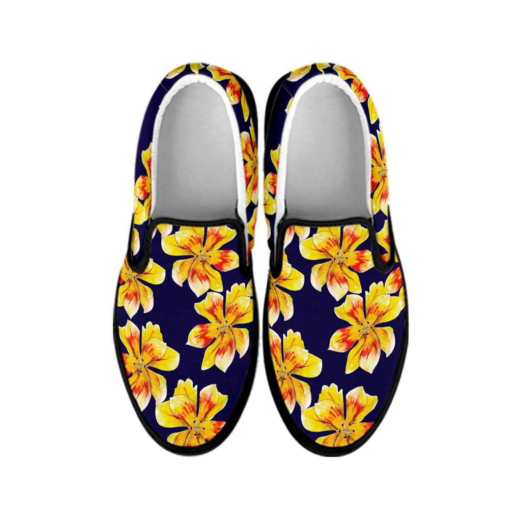 Yellow Watercolor Lily Pattern Print Black Slip On Shoes