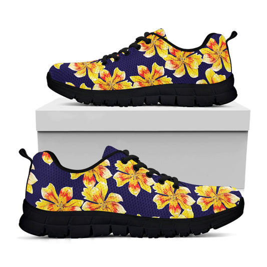 Yellow Watercolor Lily Pattern Print Black Sneakers