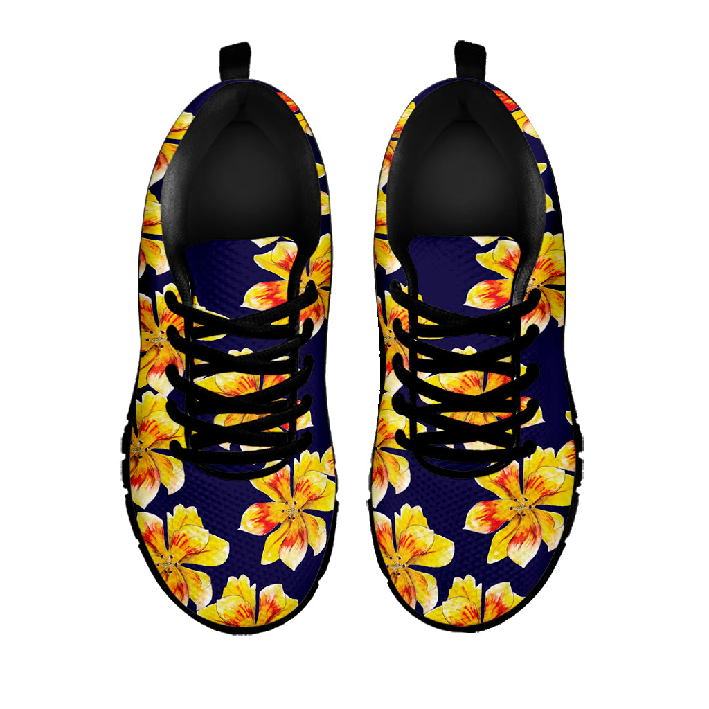 Yellow Watercolor Lily Pattern Print Black Sneakers