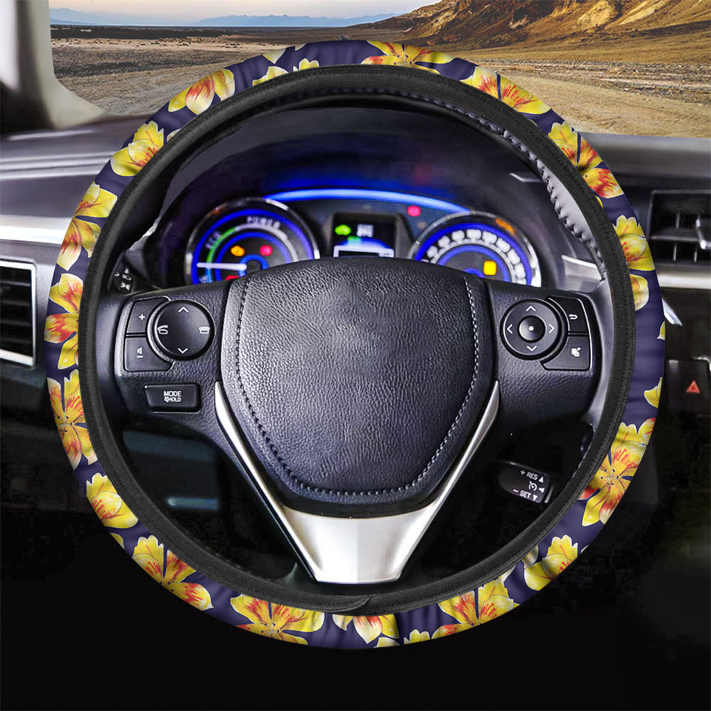 Yellow Watercolor Lily Pattern Print Car Steering Wheel Cover