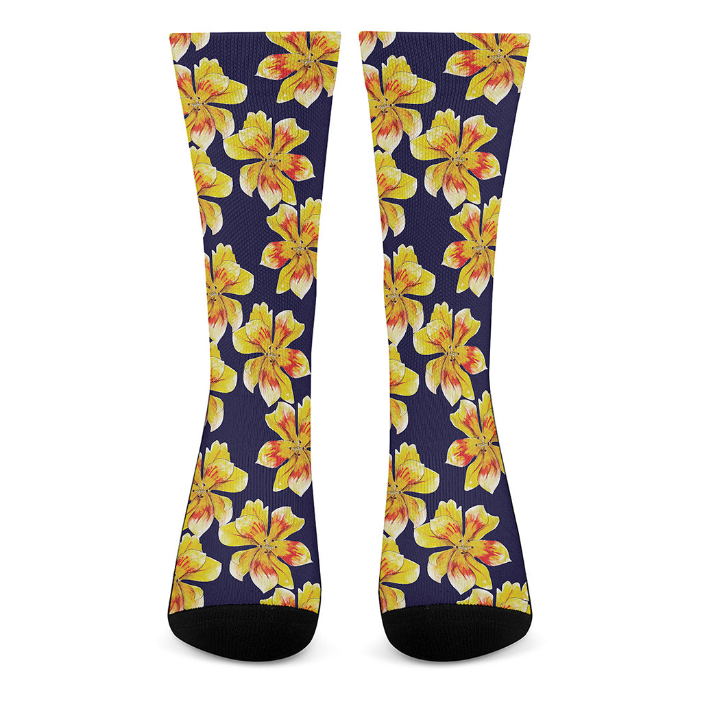 Yellow Watercolor Lily Pattern Print Crew Socks