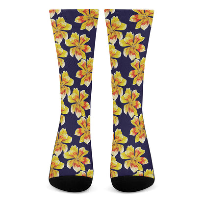 Yellow Watercolor Lily Pattern Print Crew Socks