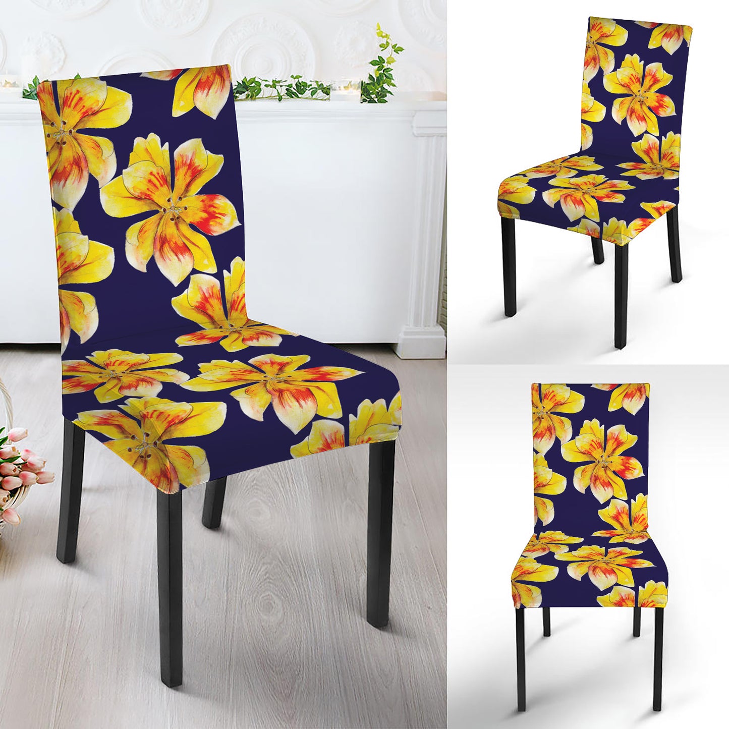 Yellow Watercolor Lily Pattern Print Dining Chair Slipcover
