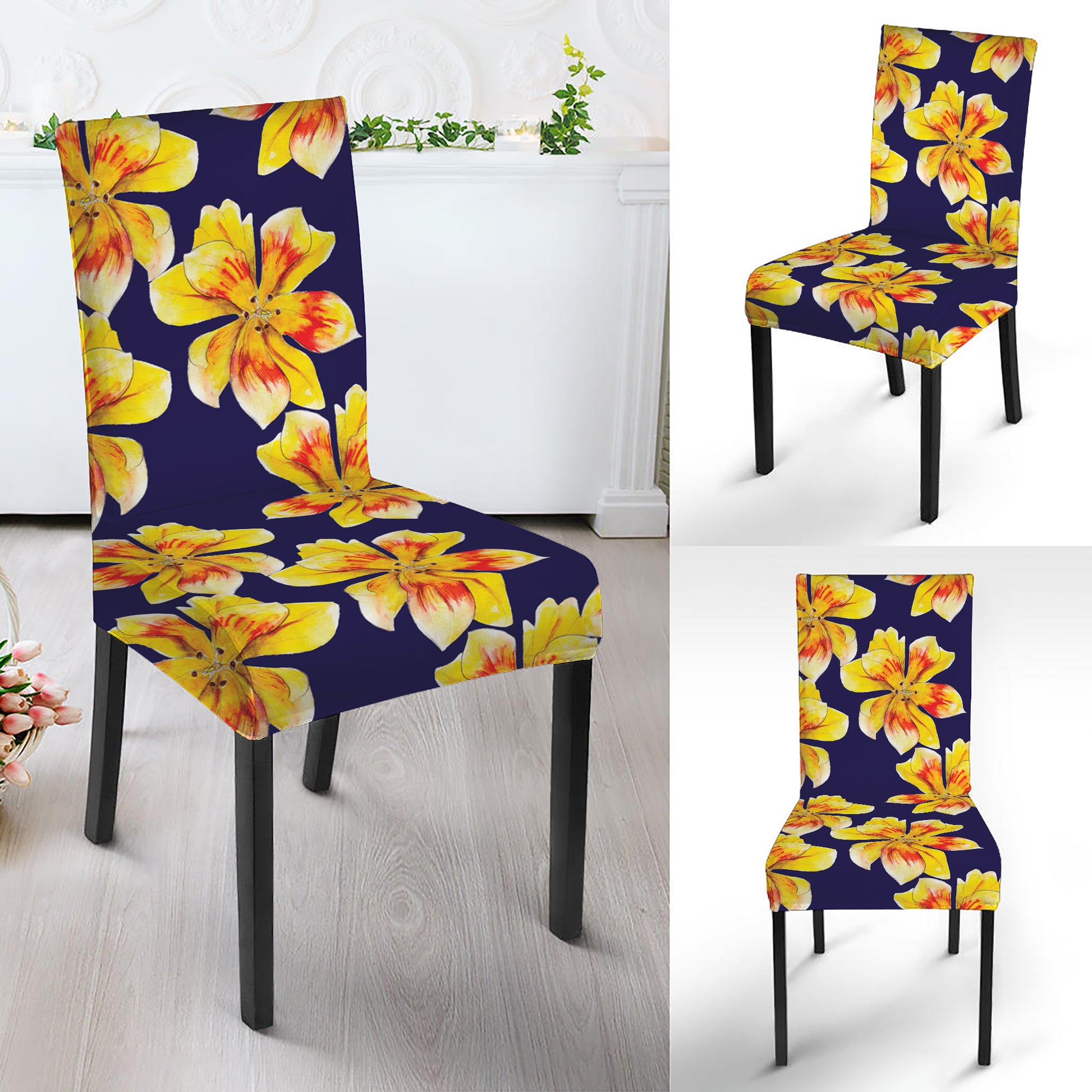 Yellow Watercolor Lily Pattern Print Dining Chair Slipcover