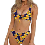 Yellow Watercolor Lily Pattern Print Front Bow Tie Bikini