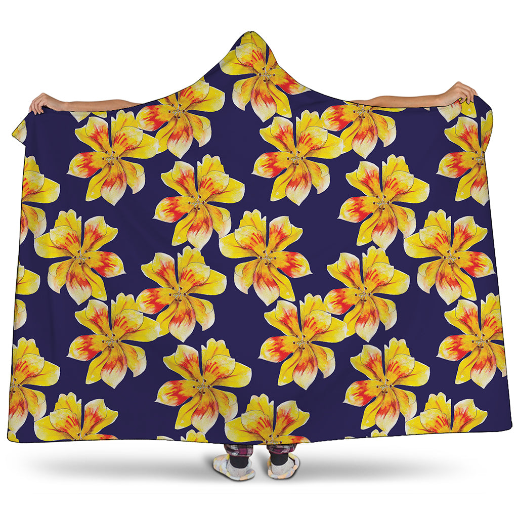 Yellow Watercolor Lily Pattern Print Hooded Blanket