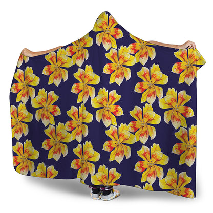 Yellow Watercolor Lily Pattern Print Hooded Blanket