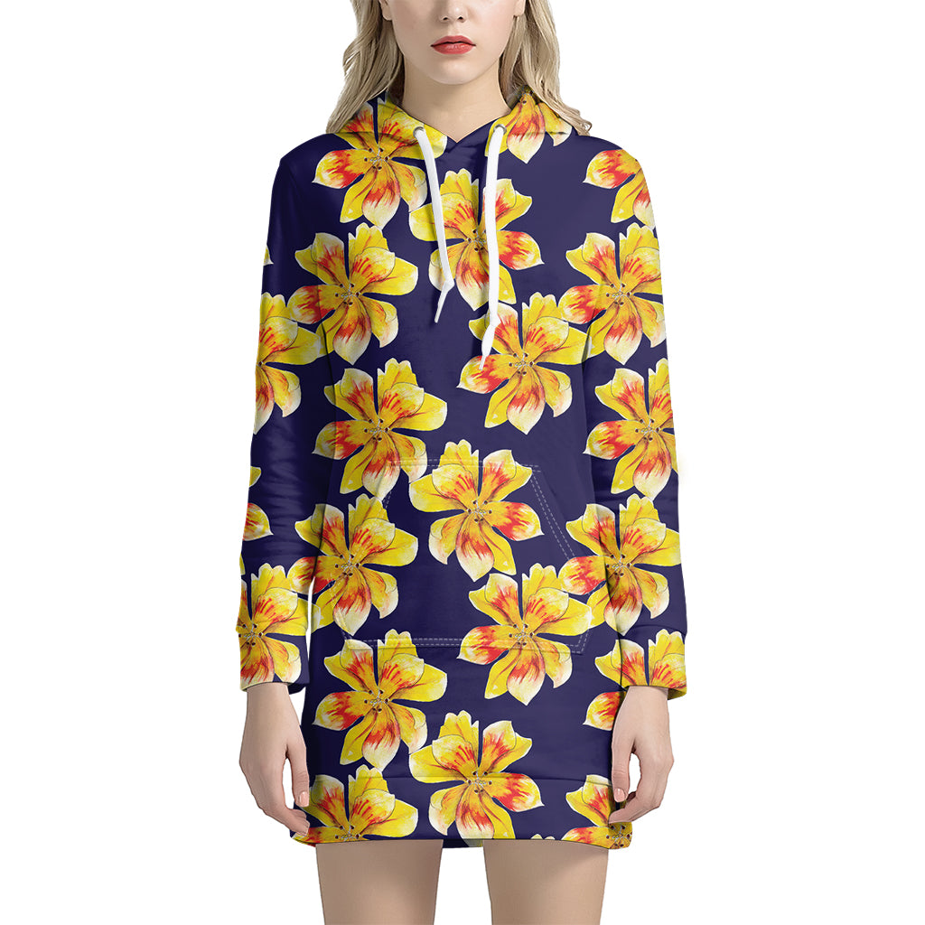 Yellow Watercolor Lily Pattern Print Hoodie Dress