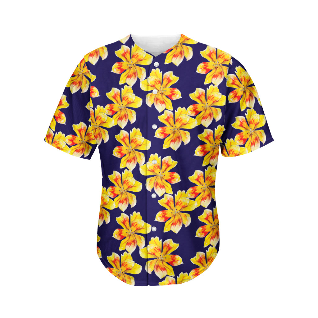 Yellow Watercolor Lily Pattern Print Men's Baseball Jersey