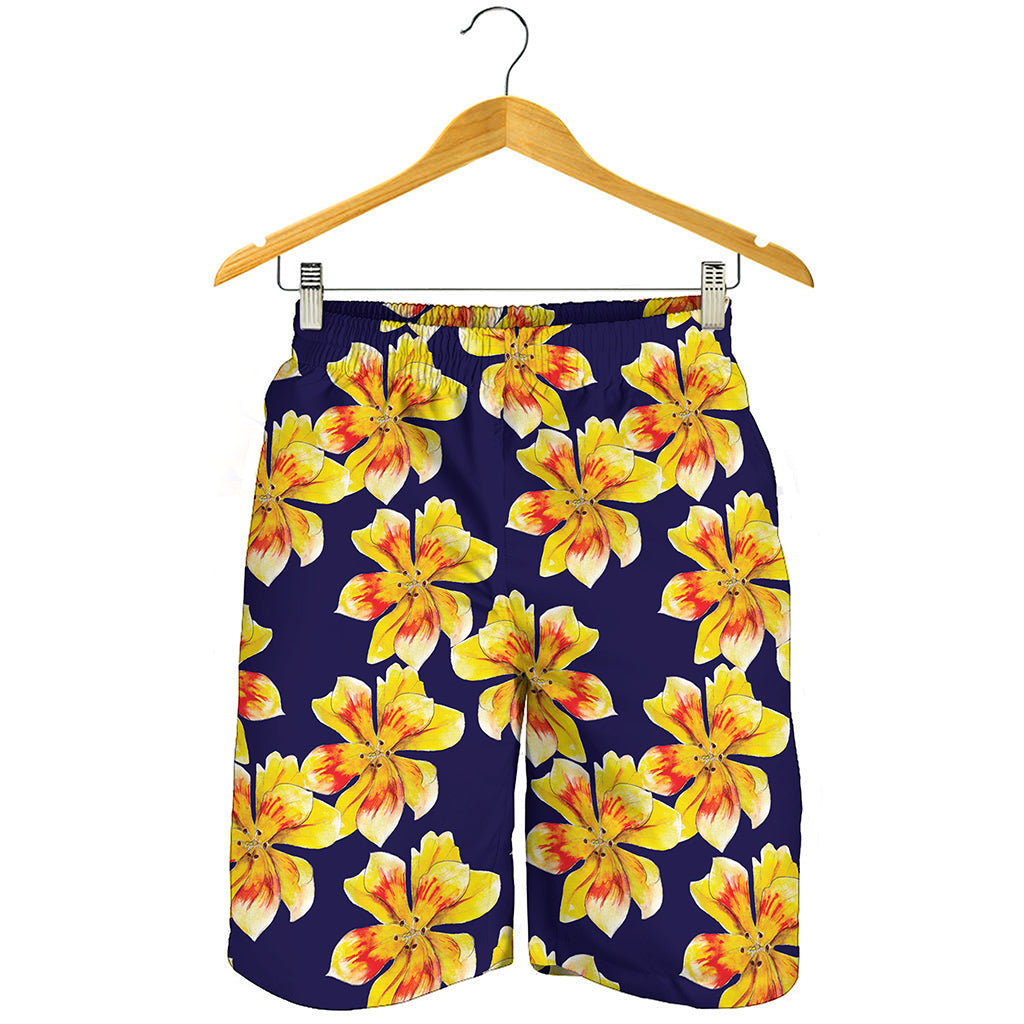 Yellow Watercolor Lily Pattern Print Men's Shorts