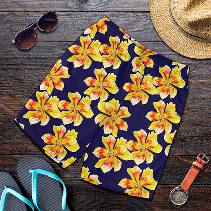Yellow Watercolor Lily Pattern Print Men's Shorts