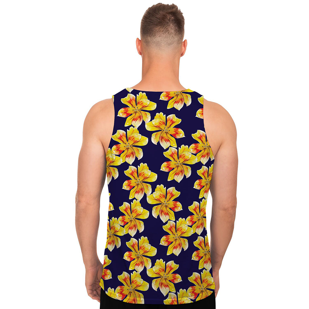 Yellow Watercolor Lily Pattern Print Men's Tank Top