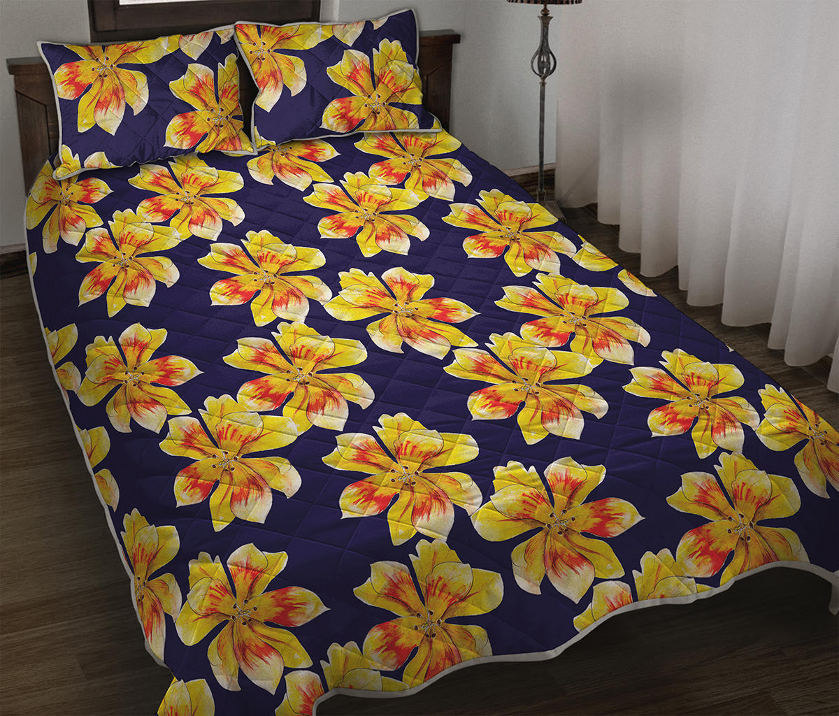 Yellow Watercolor Lily Pattern Print Quilt Bed Set