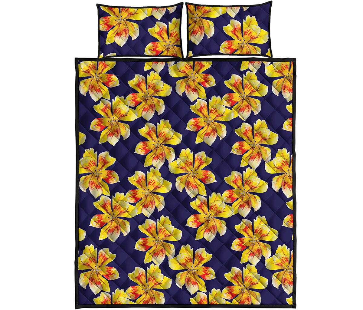 Yellow Watercolor Lily Pattern Print Quilt Bed Set