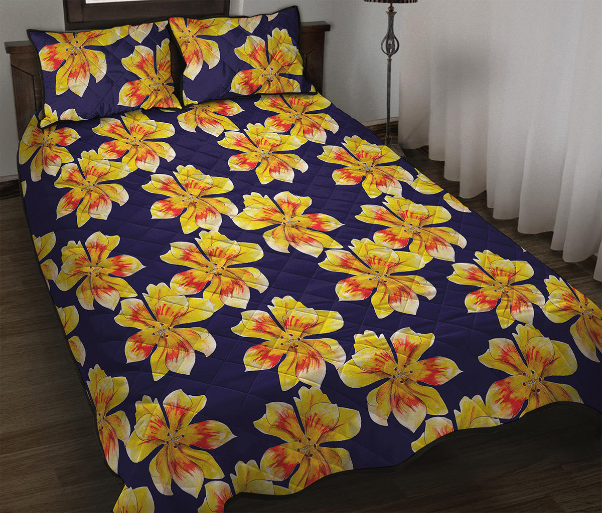 Yellow Watercolor Lily Pattern Print Quilt Bed Set