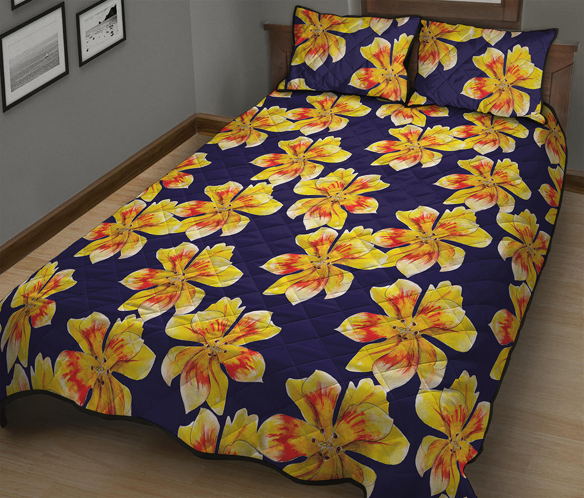 Yellow Watercolor Lily Pattern Print Quilt Bed Set