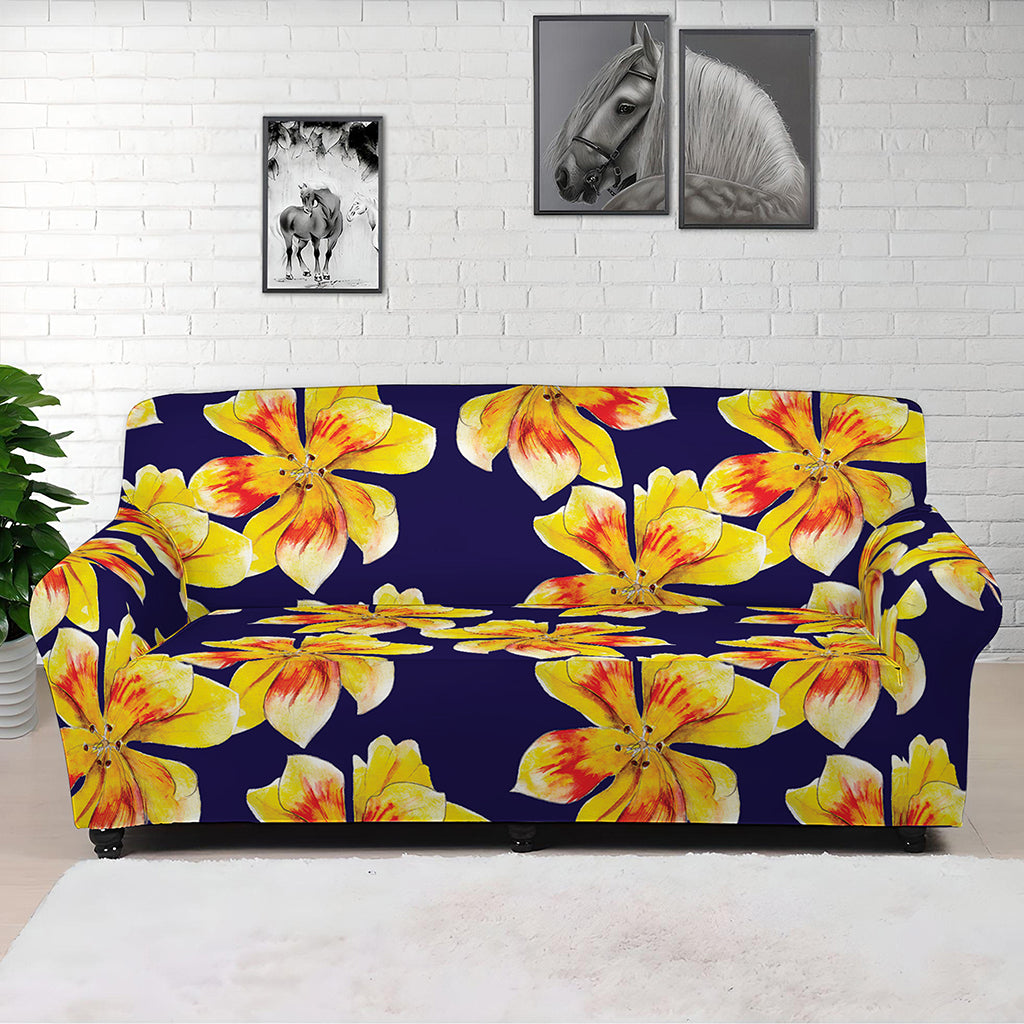 Yellow Watercolor Lily Pattern Print Sofa Cover
