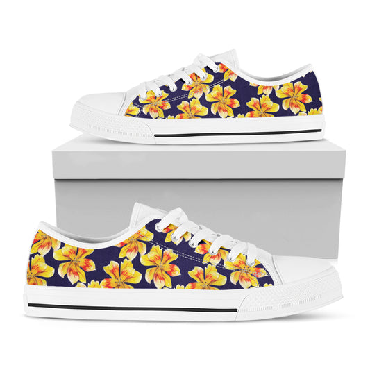 Yellow Watercolor Lily Pattern Print White Low Top Shoes