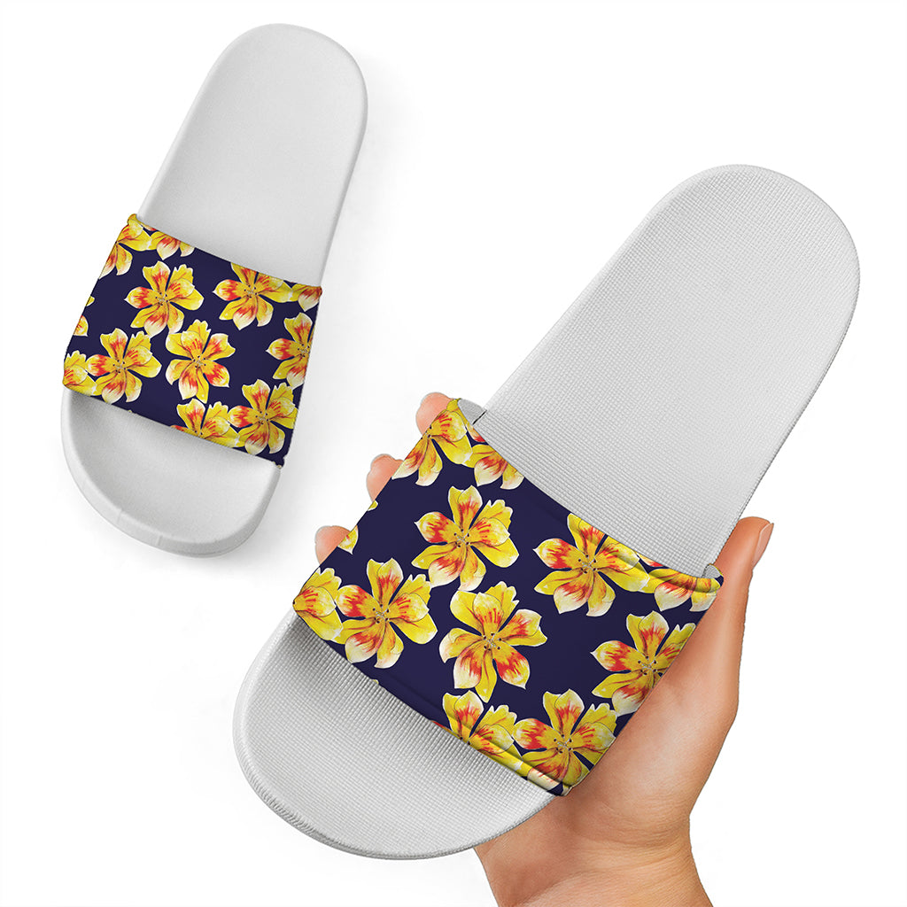 Yellow Watercolor Lily Pattern Print White Slide Sandals