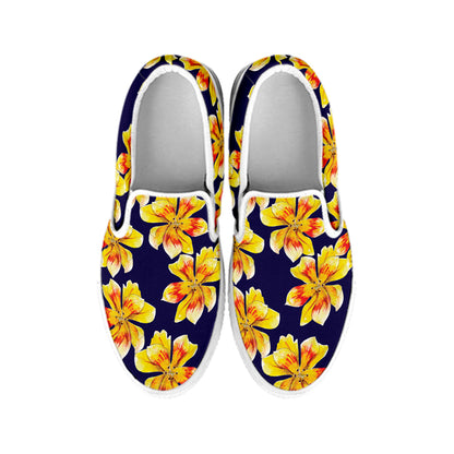 Yellow Watercolor Lily Pattern Print White Slip On Shoes