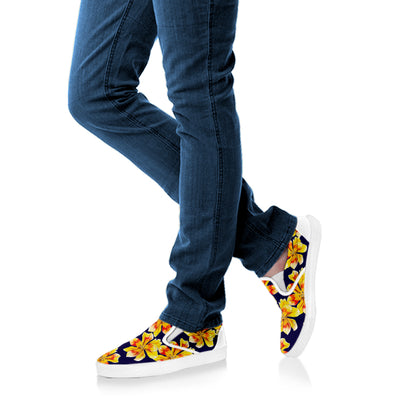 Yellow Watercolor Lily Pattern Print White Slip On Shoes