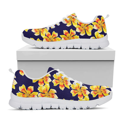Yellow Watercolor Lily Pattern Print White Sneakers