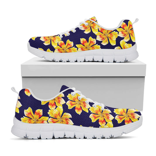 Yellow Watercolor Lily Pattern Print White Sneakers