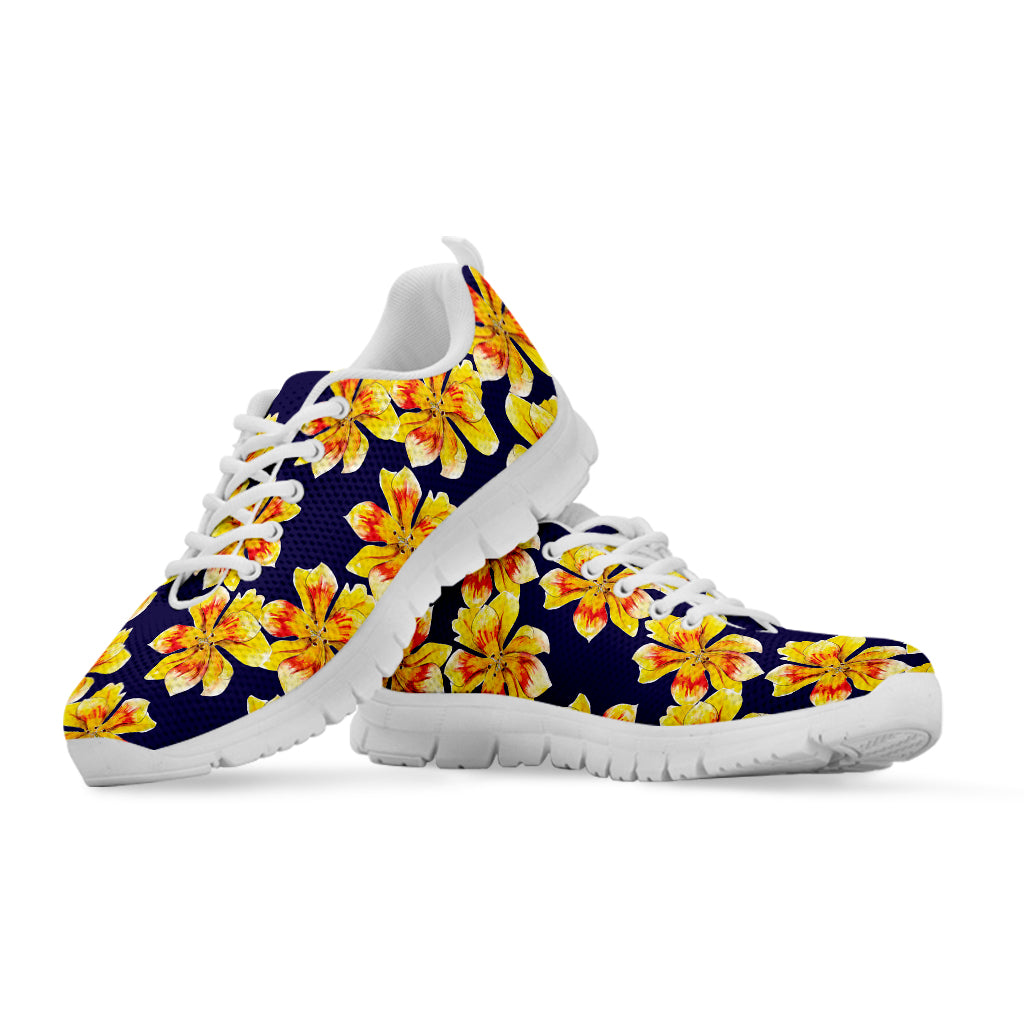 Yellow Watercolor Lily Pattern Print White Sneakers