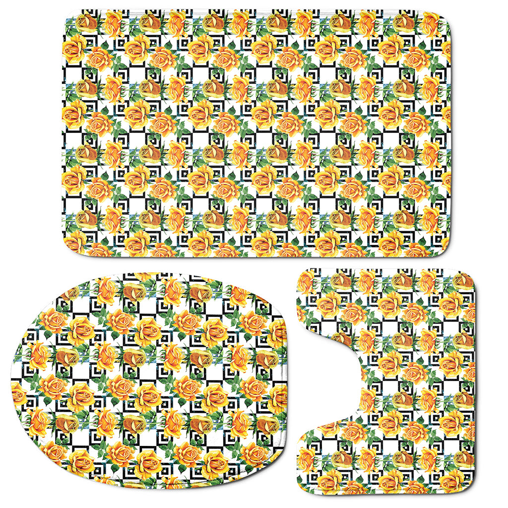 Yellow Watercolor Rose Print 3 Piece Bath Mat Set