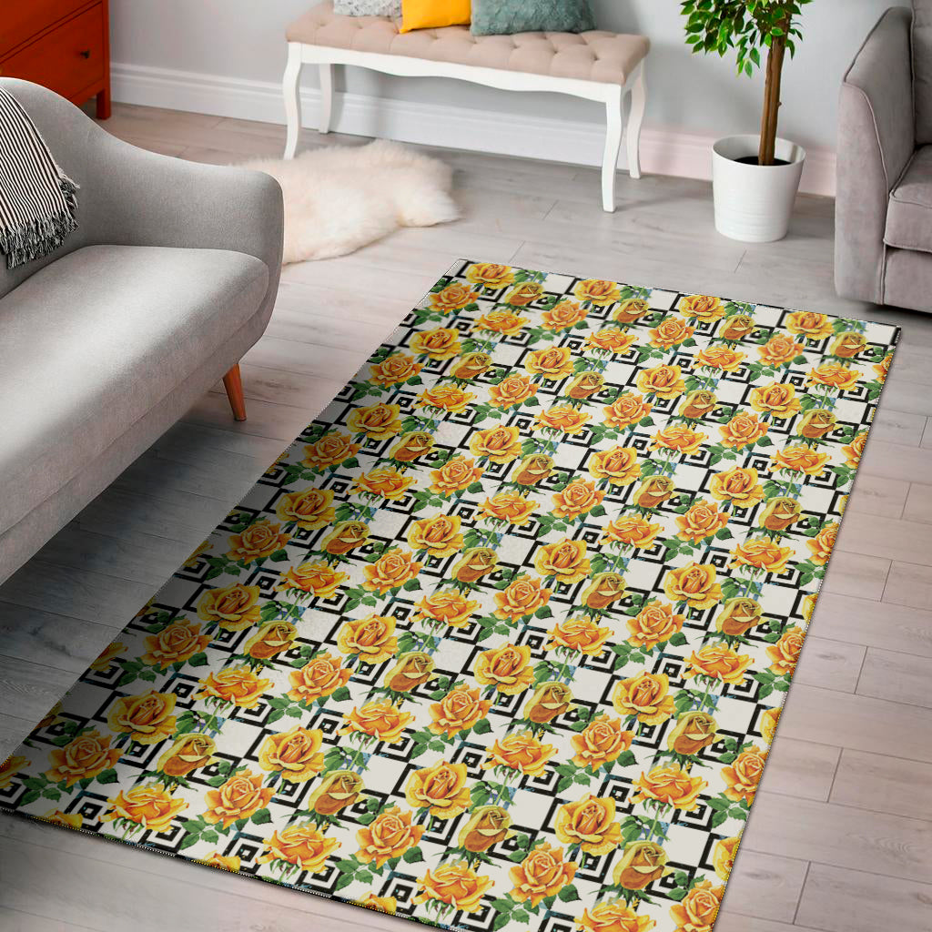 Yellow Watercolor Rose Print Area Rug