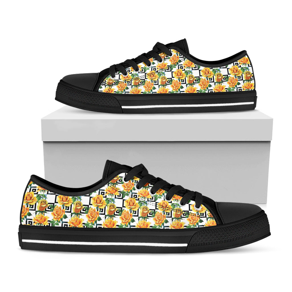 Yellow Watercolor Rose Print Black Low Top Shoes