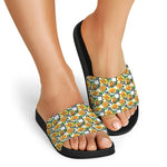 Yellow Watercolor Rose Print Black Slide Sandals
