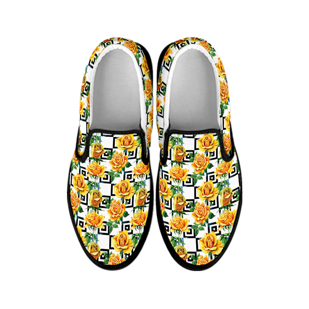 Yellow Watercolor Rose Print Black Slip On Shoes