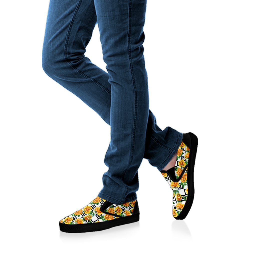 Yellow Watercolor Rose Print Black Slip On Shoes