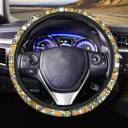 Yellow Watercolor Rose Print Car Steering Wheel Cover