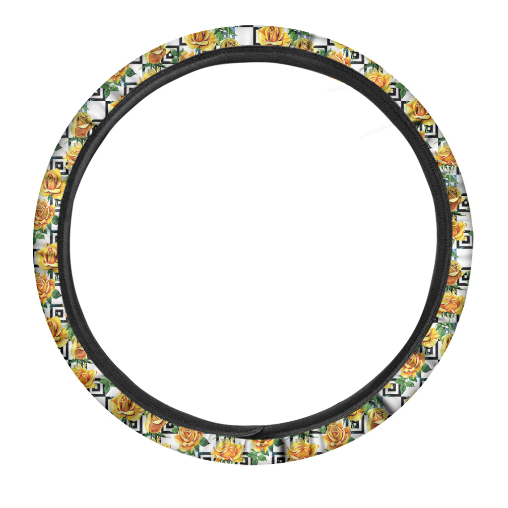 Yellow Watercolor Rose Print Car Steering Wheel Cover