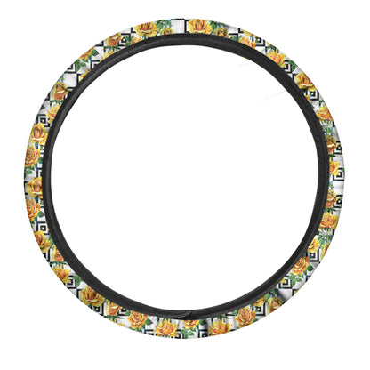 Yellow Watercolor Rose Print Car Steering Wheel Cover