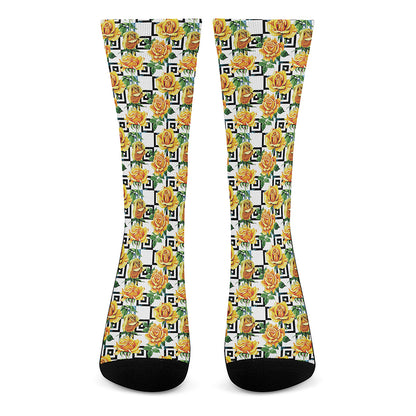 Yellow Watercolor Rose Print Crew Socks