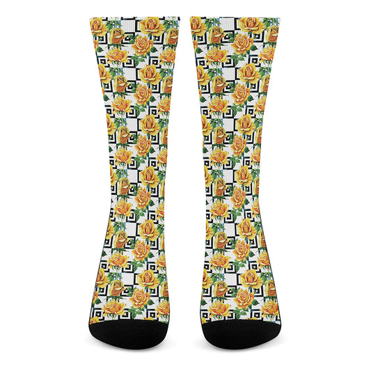 Yellow Watercolor Rose Print Crew Socks