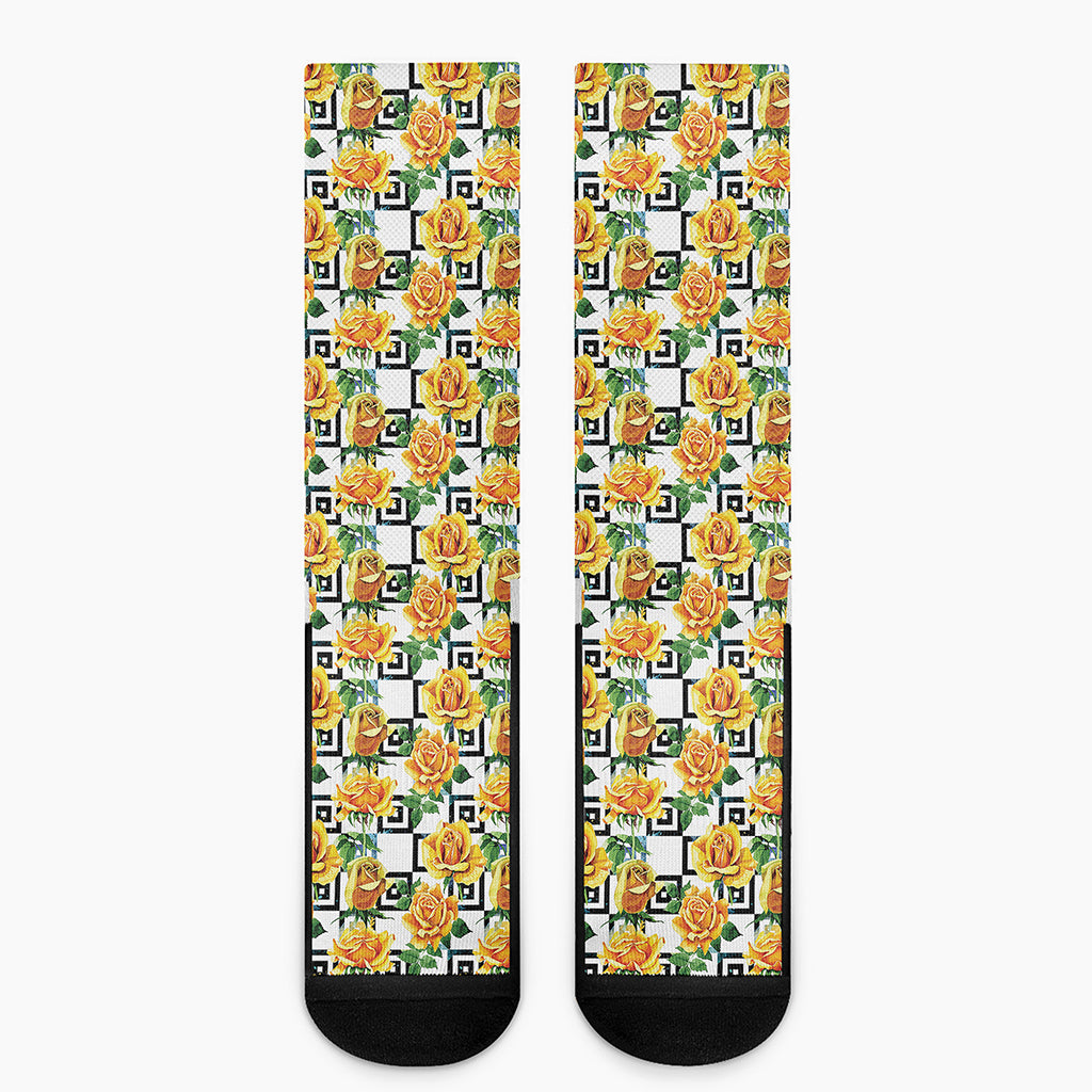Yellow Watercolor Rose Print Crew Socks