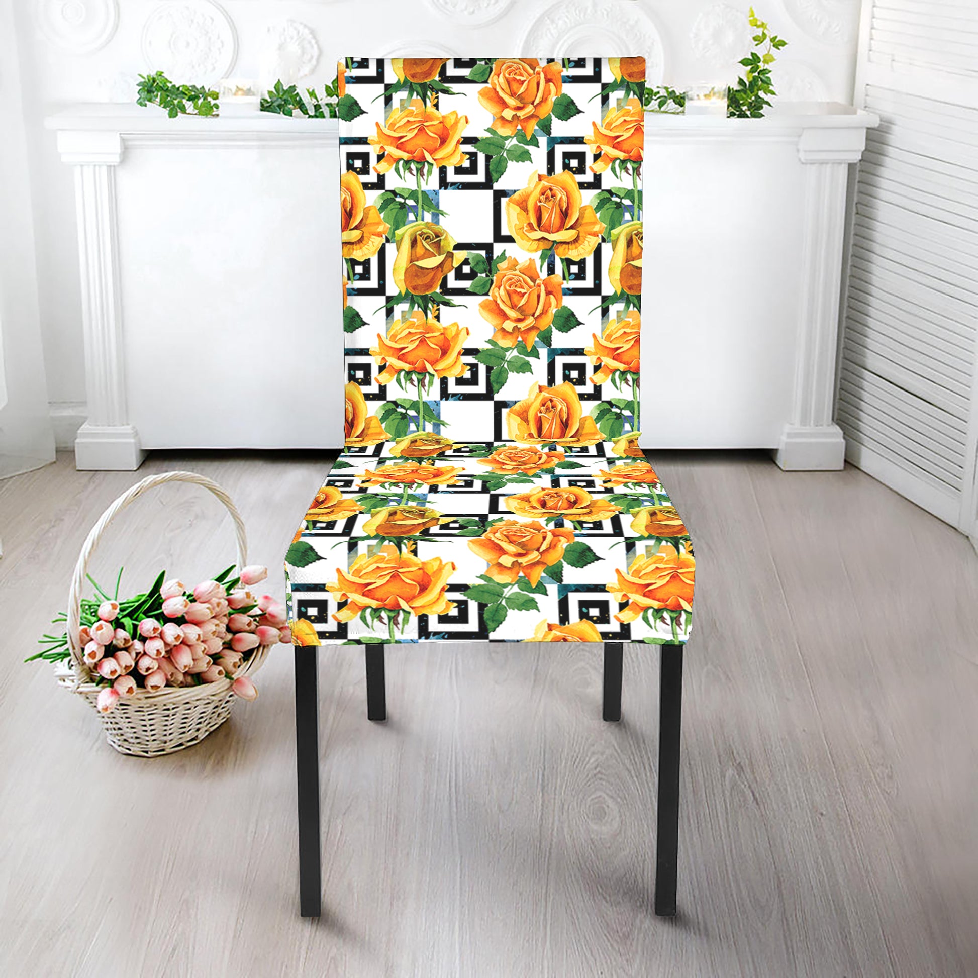 Yellow Watercolor Rose Print Dining Chair Slipcover