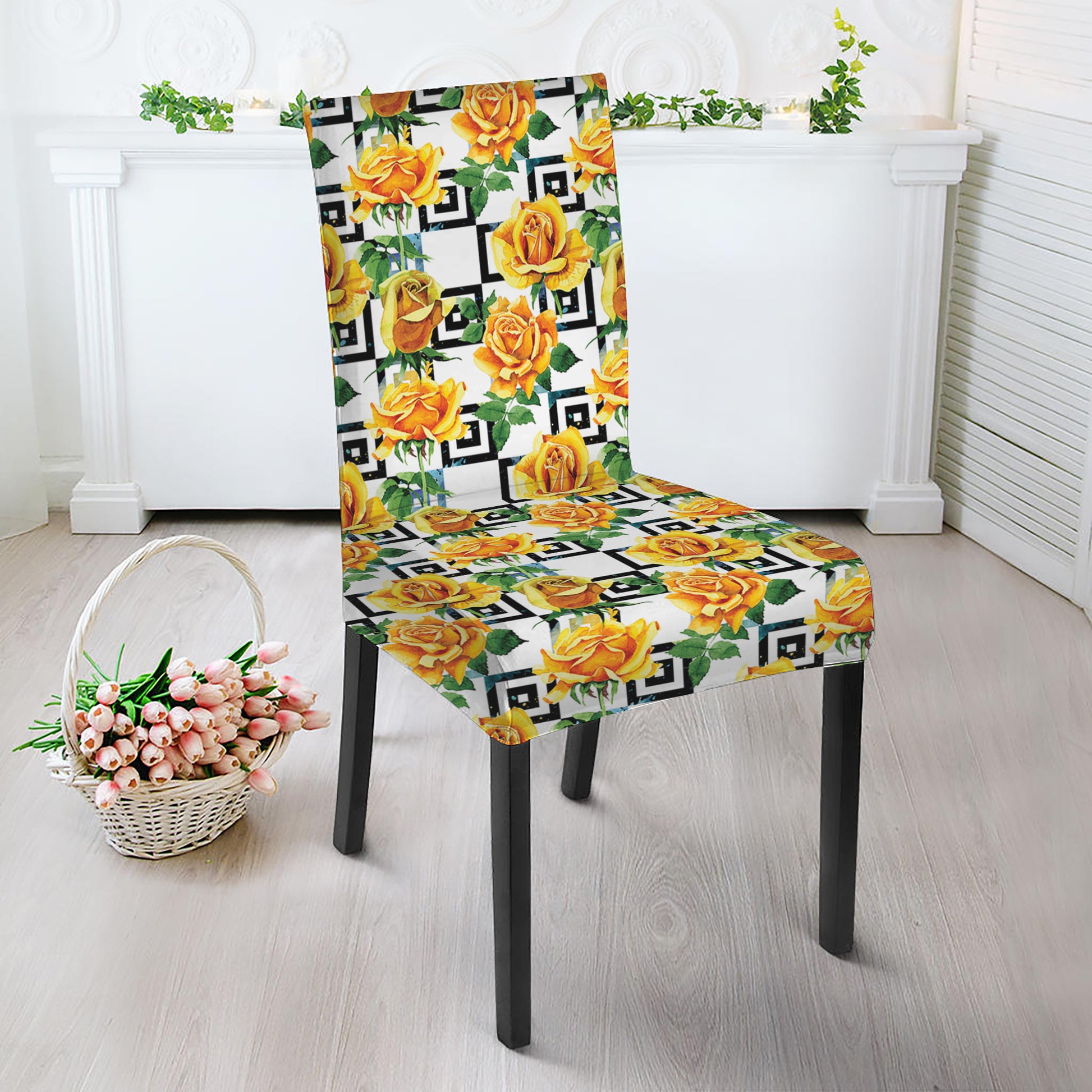 Yellow Watercolor Rose Print Dining Chair Slipcover