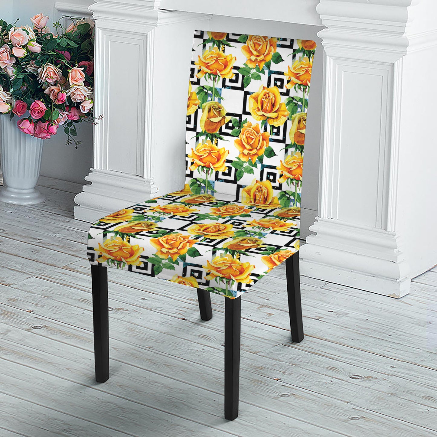Yellow Watercolor Rose Print Dining Chair Slipcover