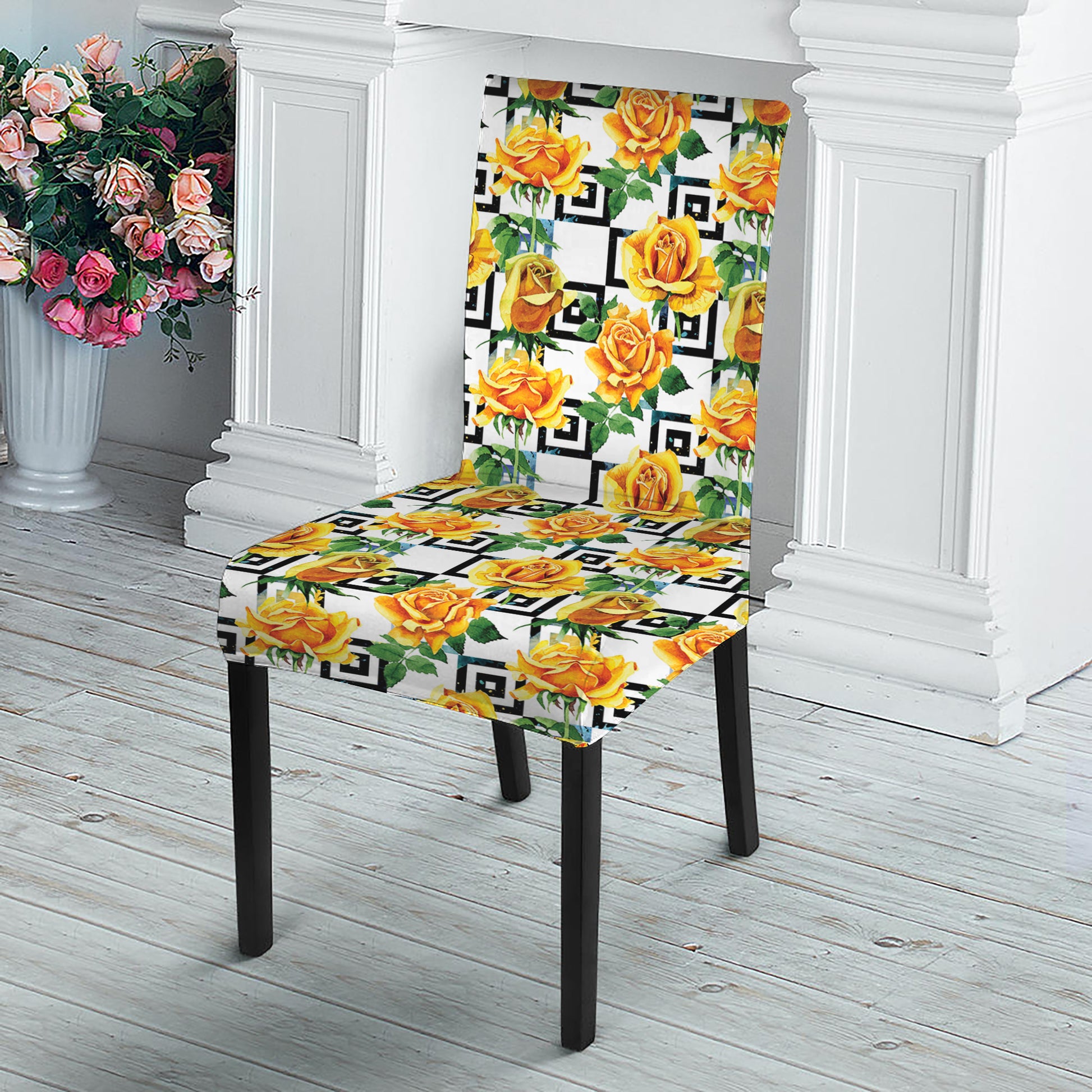 Yellow Watercolor Rose Print Dining Chair Slipcover